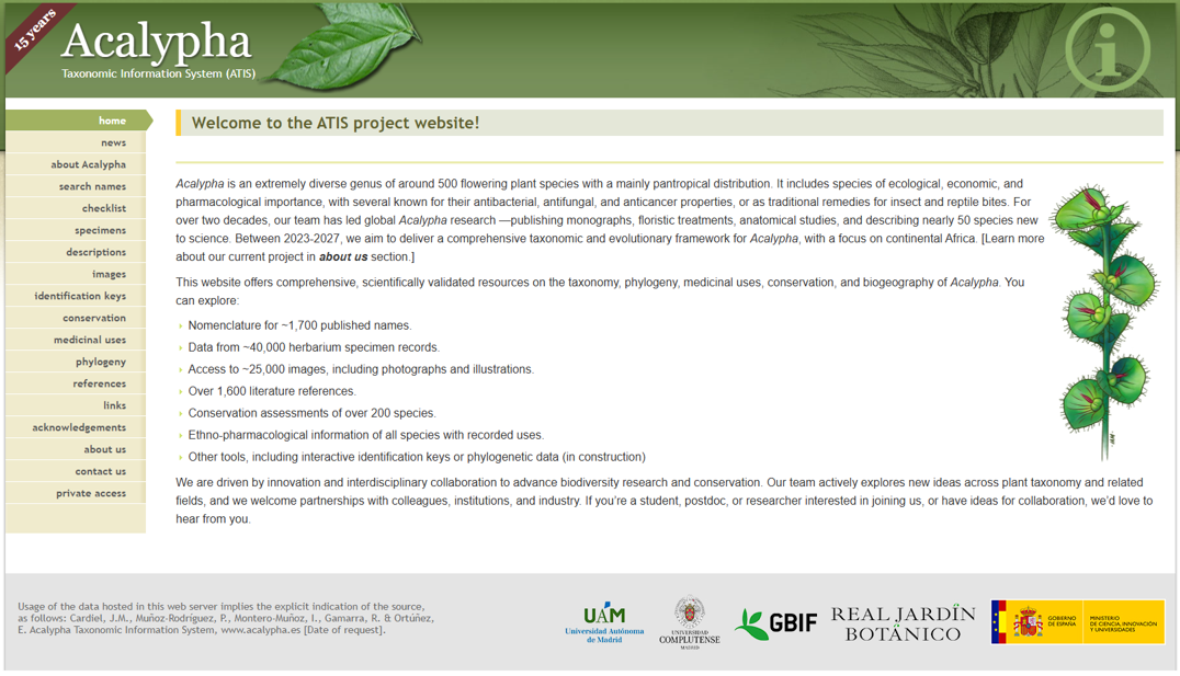 Screenshot of the Acalypha Taxonomic Information System